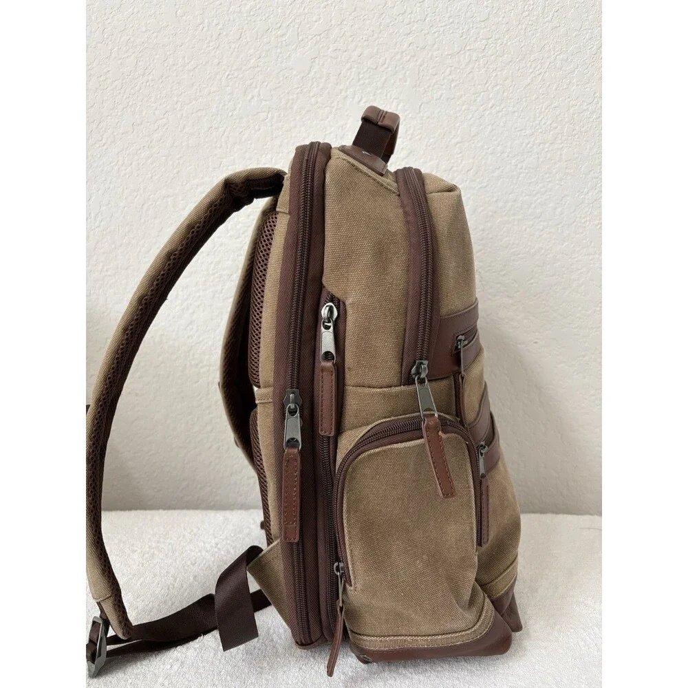 Renwick VTG Canvas Backpack Genuine Brown Leather Trim Multiple Pockets Utility
